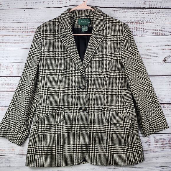 Vintage 1990s Lauren Ralph Lauren Blazer 12 Houndstooth Wool Silk Equestrian USA - Picture 1 of 13